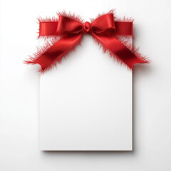 White Blank Card with Decorative Red Ribbon and Feather Bow