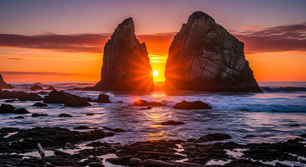 Dramatic Sunset Through Sea Stacks on a Rocky Coastline with Crashing Waves graphic