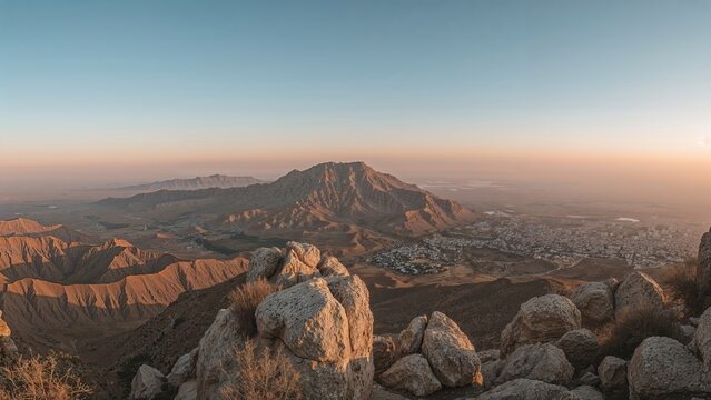 A mountain landscape at sunrise or sunset with rocky foreground, expansive valley, and mountain range in the distance. - Powered by Adobe