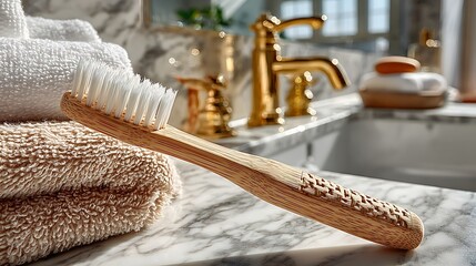 Bamboo toothbrush lifestyle bathroom high resolution picture