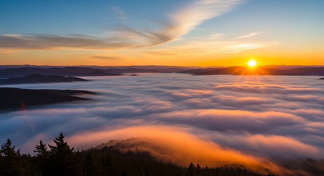 Golden sunrise over a sea of clouds in a mountainous landscape with evergreen trees