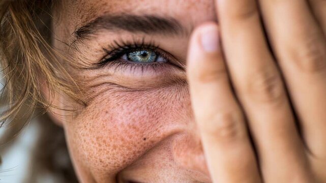closeup biracial woman smiling with hand, freckled skin and green eyes, candid laughter, soft natural light, subtle makeup, visible skin texture and pores,