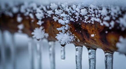 Macro Shot of Snowflake on Wooden Surface with Icicles Hanging Off Edge during Cold Winter Season and Natural Scenery and Weather Condition and Frozen Precipitation and Ice