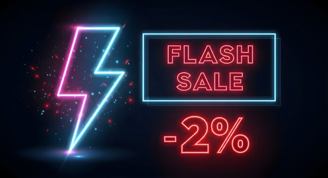 Neon Sign Featuring Flash Sale with Minus Two Percent Discount and Lightning Bolt Symbol for Advertising and Marketing Strategy and Promotion Campaign and Limited Time Offer