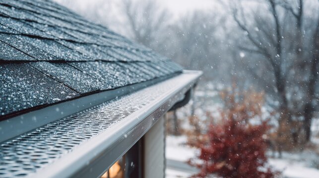 Stunning photo of gutter guard on a house roof during winter season with snow.
