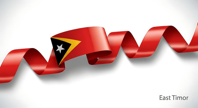 Waving red ribbon with east timor flag design on white background - Powered by Adobe