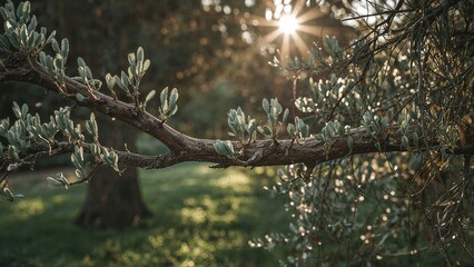 Branches and leaves of the tree with sunlight shining through, green foliage, natural outdoor scene, serene environment, sunlight and nature.