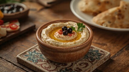 A bowl of hummus topped with black olives, olive oil, paprika, and parsley, served on a rustic wooden table with bread in the background.