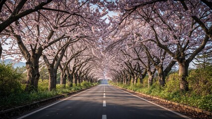 Cherry blossom trees lining a road in spring. Scenic and peaceful landscape. Nature and travel, concept. Springtime and blooming trees. The beauty of nature.