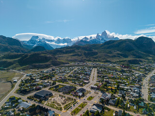 Drone aerial of Patagonian mountain range surrounding El Chalten, Argentina