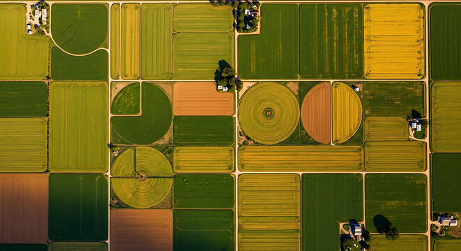 Overhead View of Agricultural Fields With Geometric Patterns of Crops and Irrigation Circles Keywords: agriculture, aerial, overhead, view, fields, crops