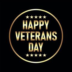 Golden happy veterans day text with stars inside a golden circle on a black background graphic design