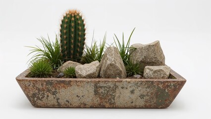 A cactus and rocks in a rectangular planter with green plants and a plain white background.