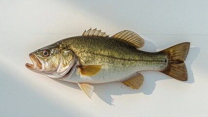 Naklejka premium A largemouth bass fish lying on a flat surface.