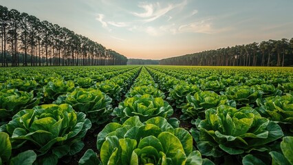 Fresh lettuce crop in a large field, with a line of trees and a sunset sky in the background. Agriculture and farming concept. Vegetables and crop production. The concept of sustainable farming.