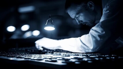 Medium shot capturing detailed examination of metal stampings for defects under bright lighting emphasizing strict visual quality control processes.