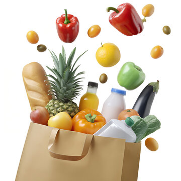 Assorted groceries falling in a paper bag