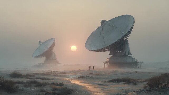 Observing Distant Signals: People by Giant Satellite Dishes in a Mysterious Desert Landscape