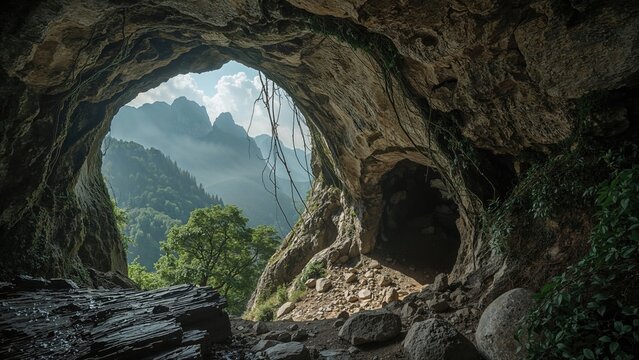 A natural cave opening with lush green mountains and trees seen from inside, showcasing the scenic landscape and rocky terrain.