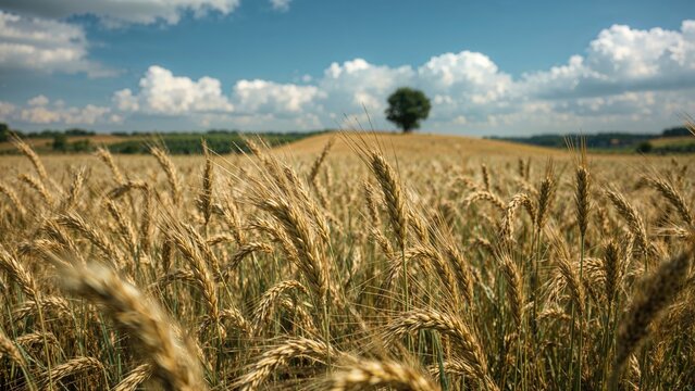 Golden wheat field under a blue sky with clouds and a lone tree in the background. - Powered by Adobe