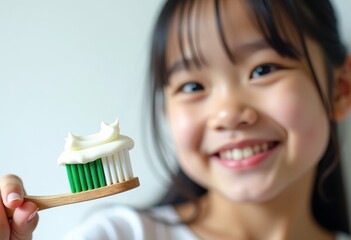A portrait of an Asian girl holding a Christmas tree made of toothpaste on her toothbrush against a light background. The toothbrush and toothpaste are in focus, while the child is out of focus