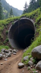 Rustic abandoned mountain tunnel with partially collapsed entrance surrounded by erosion and vegetation in soft natural light