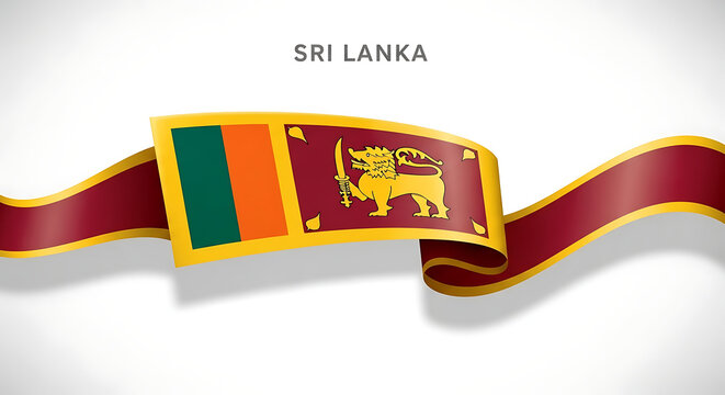 Waving sri lankan flag with golden lion symbol and maroon ribbon on white background