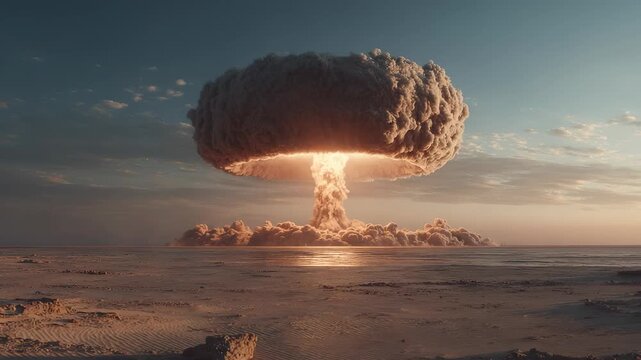 Nuclear Explosion Over Desert Landscape: Mushroom Cloud with Dramatic Lighting and Threatening Implications, End of the World Scenario