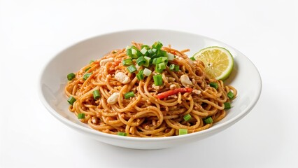 Plate of noodles with chopped green onions and a lemon wedge. Asian cuisine, delicious food, fast food, healthy meal, flavorful. The concept of Asian noodle dishes.