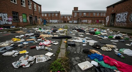 Dilapidated Urban Courtyard Littered With Debris and Graffiti