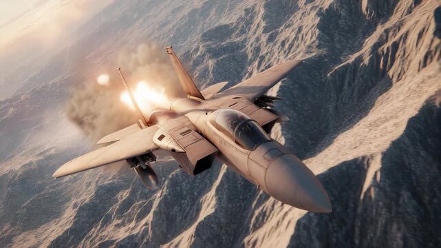 Fighter Jet Flying Above Mountain Range with Ejecting Seat System and Explosions