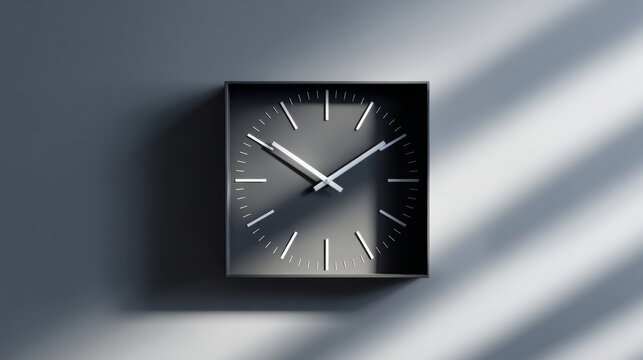 Minimalist square wall clock with modern design casting shadows on a smooth gray surface in soft natural light