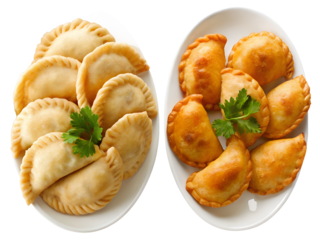 Empanadas on a white plate bundle, front and top view, mexican food collection isolated on a transparent background