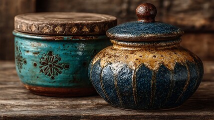 Blue ceramic jars rustic background high resolution picture