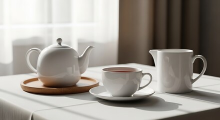 Fototapeta premium Elegant White Teapot and Cup Set on a Table with Soft Morning Light