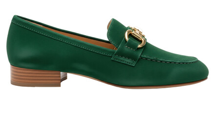 Elegant green leather loafer isolated PNG, stylish slip-on shoe with gold buckle for women s fashion and everyday wear