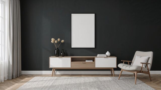 A modern living room with a white and wood TV console, a white armchair, a black wall, and decorative vases and artwork.