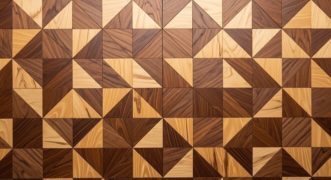 A detailed close-up of a beautiful wood parquet floor featuring an intricate geometric pattern of light and dark triangles
