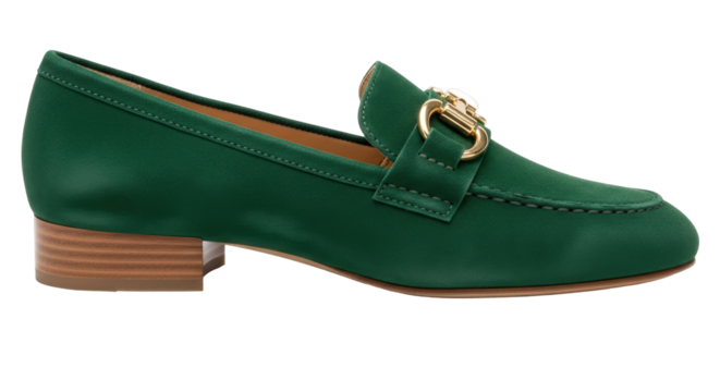 Elegant green leather loafer isolated PNG, stylish slip-on shoe with gold buckle for women s fashion and everyday wear
