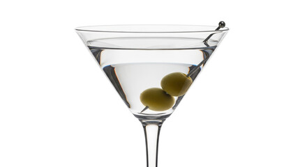 Classic martini with green olives isolated PNG, elegant cocktail in clear glass on transparent background for bar menu and party invitations