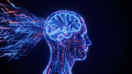 Futuristic digital brain concept. Vivid visualization of brain activity in silhouette. High-tech design illustrates artificial intelligence and neural networks. Dynamic lighting creates intense focus. - Powered by Adobe
