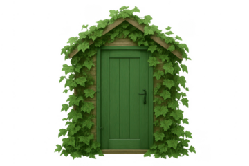 Green secret garden door covered with ivy vines