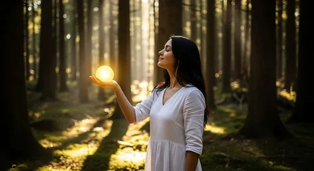 Papier peint photo Chambre de fille Enchanting woman holding a glowing orb in a sunlit forest evoking magic and serenity  © Jagone Mas Zan