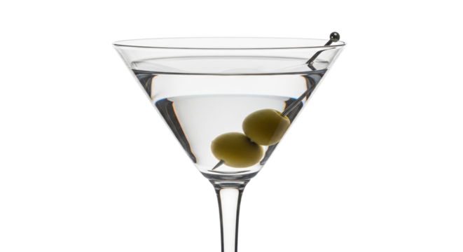 Classic martini with green olives isolated PNG, elegant cocktail in clear glass on transparent background for bar menu and party invitations - Powered by Adobe