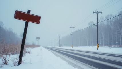 Realistic winter scene with broken twisted street sign pole, damaged street sign pole partially buried in snow on icy road under muted sky