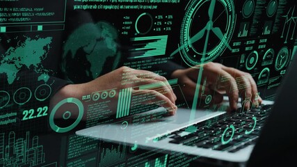An innovative digital interface showcasing hands typing on a keyboard surrounded by data analytics focused on green energy concepts in a futuristic environment. Cipher - Powered by Adobe
