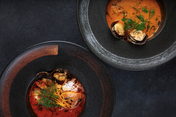 French bouillabaisse soup and Asian Tom Yam soup on a dark background. Photos for the restaurant menu. Hot soup. Flat lay. Top view.