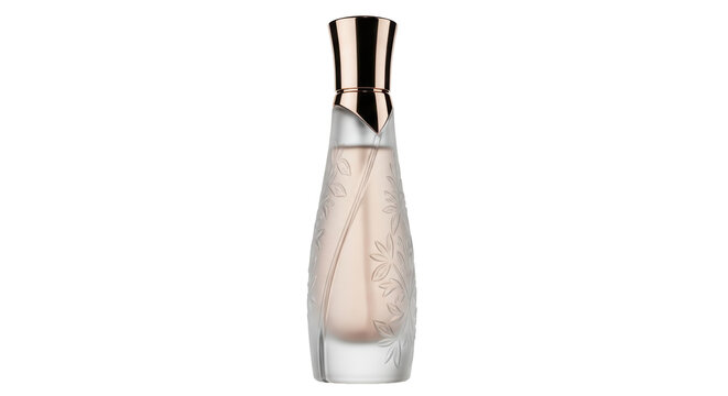 Elegant perfume bottle isolated PNG on transparent background, luxurious fragrance with gold cap and floral design for beauty and fashion