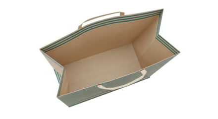 Striped paper bag isolated PNG, open top beige shopping bag with handles for retail, gift, or promotional use on transparent background