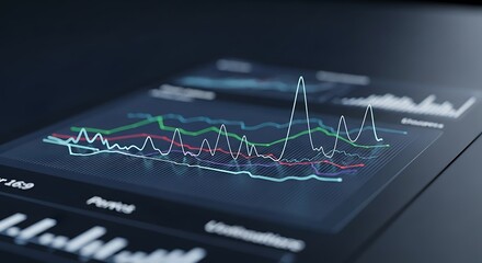Futuristic digital display showing complex financial market analysis and stock trading data